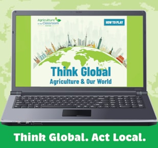 Think Global resource graphic on laptop with green background