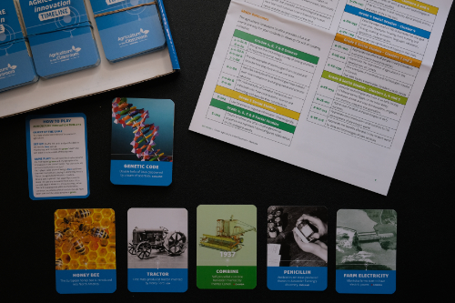 Over top view of Innovation Timeline kit materials, including cards, teacher guide and box