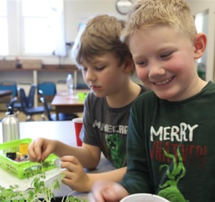 Two early years students with plants in classroom 