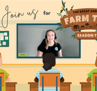 Presenter on screen in Great Canadian Farm Tour classroom graphic