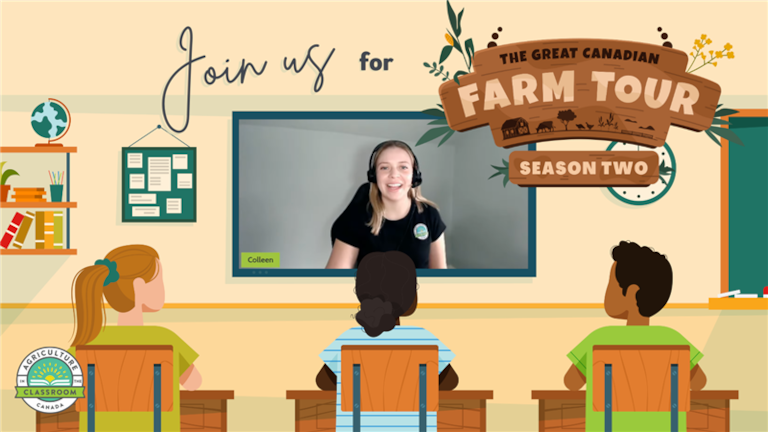 Presenter on screen in Great Canadian Farm Tour classroom graphic