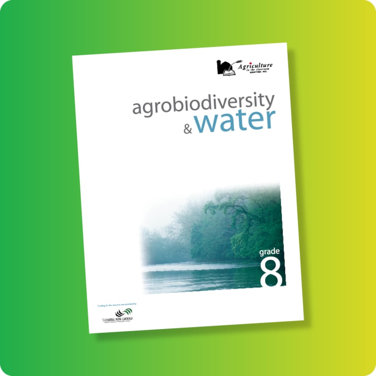 Agrobiodiversity and water teacher guide cover on green and yellow gradient background