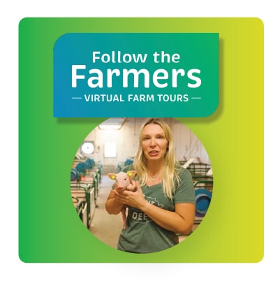 Hog farmer holding a piglet besides the Follow the Farmers wordmark logo set on a green and yellow gradient background