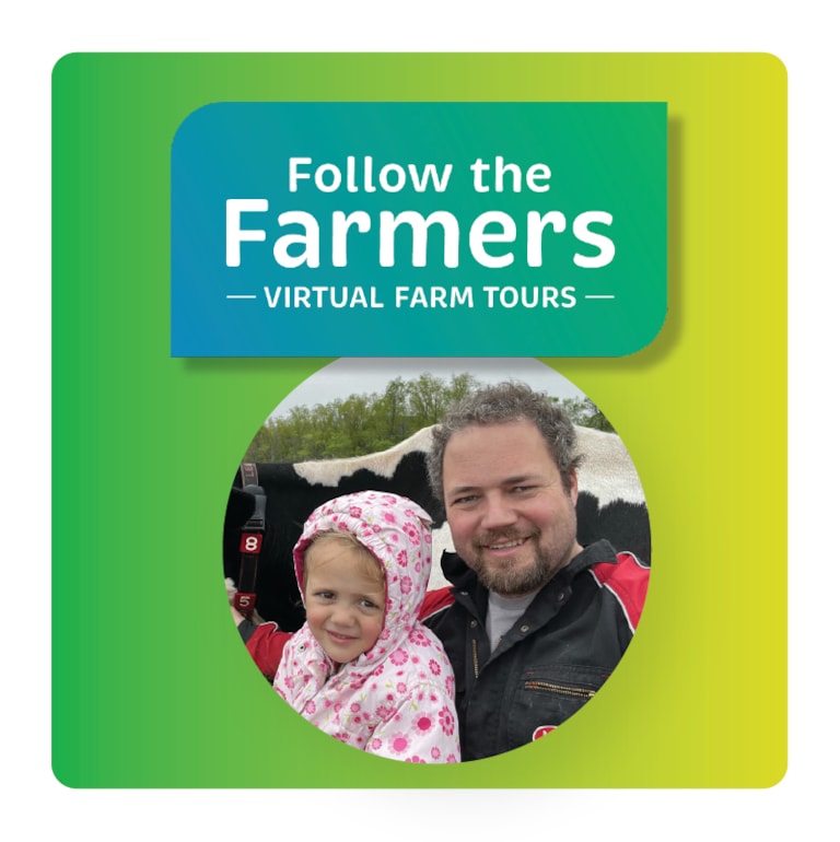 Follow the Farmers program logo with photo of Stefan Signier and daughter