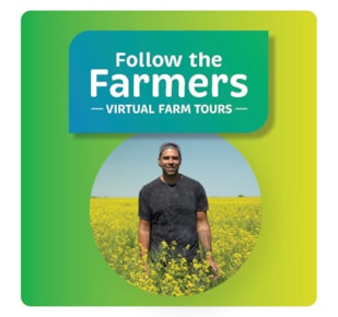 Canola farmer standing in a field with a graphic saying "Follow the Farmers" above him