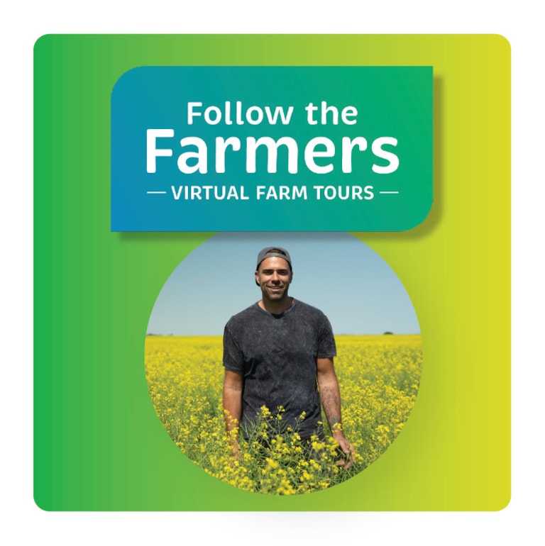 Canola farmer standing in a field with a graphic saying "Follow the Farmers" above him