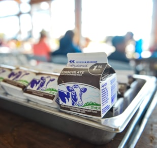 Chocolate milk cartons in metal cafeteria lunch tray 